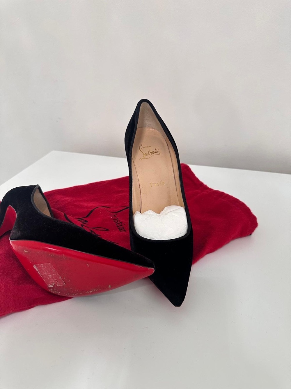 Christian Louboutin Black Suede Pointed Toe Pumps with Red Soles